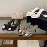 New Style 2026 Black Slides Delicate Pink Flower Slip on High Heels Fashion Women Slippers
