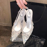 6.5CM/Flat Wedding Escarpins Femme Talon Haut White Diamond Fashion Slingback Women Pumps High Heels