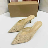 Ladies Handmade Crochet Upper Beaded Embellished Kitten Heel Mules Pointed Toe Backless Pumps Quality Women Sandals