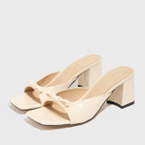 Women's Block-heel Sandals Square-toe with 3D Bow Decoration Apricot High Heels Sandales Pour Femmes