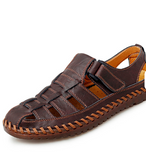 Premium Handcrafted Men's Roman Style Leather Sandals Adjustable Hook & Loop Flat Leather Sandals