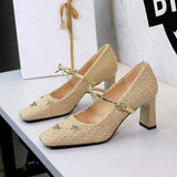 Talons Khaki Mary Jane Shoes Featuring Golden Bowknot Strap Sophisticated Square Toe Chunky High Heels for Women