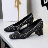 Women's Shoes 2025 New Sequins Rhinestones Square Toe Thick Heel Elegant Temperament Heels
