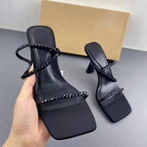 Women's French-style Casual Backless Sandals with Square Toe, Single Strap, Rhinestones and Cup Heels