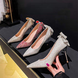 Size 33-43 Sequin Bow Talon Haut Slipper Summer Sandals Cute Designer Shoes Women Heels