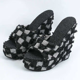 Denim Fashionable Sexy Sapato De Salto Slip on Thick Sole Open Toe Sandals Wedge Platform Heels