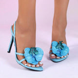 Women's Pointed-Toe Stiletto Sandals 3D Blue Floral Embellishments One-Strap & Ankle Strap High Heeled Sandals Ladies Pumps