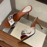 Talon Elegant Buckle Stiletto Open Toe Slip-On Slippers Metallic & Green Summer Slides Sandals Heel for Ladies