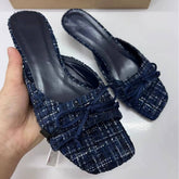 Square-toe Women's Mules Sandals with Bowknot Decor Open-toe Backless Ladies Blue Heel Sandals