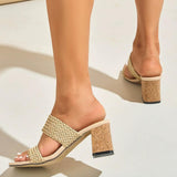 Sandales Pour Femmes Square-toe Woven Ankle-strap Block-heel Sandals for Women Solid Color Minimalist Style