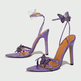 Ladies' Pointed-Toe Stiletto Sandals with 3D Butterfly Embellishments Purple Color Beautiful Women Sexy High Heel Pumps