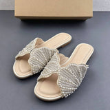 Luxury Pearl Slides Women Flat Sandals Beaded Scalloped Strap PU Leather Summer Beach Slippers Shoes