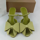 Satin-Feel Bow Embellished Pointed-Toe Mules with Single Strap Quality Elegant Women's Heeled Sandals