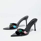 Bestselling Pointed-Toe Roman Beaded Women Sexy Stiletto-Heel Sandals Slip-On Cutout Stylish Black High Heels Pumps