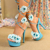 Flower Strappy Sandales Chaussures Dames Summer Open Toe Ankle Lace up Platform Strap Heels for Women