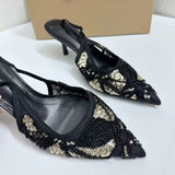 Black Sequined Beaded Pointed-Toe Elegant Black Stiletto Heels with Ankle Strap Women Sexy Heel Sandals