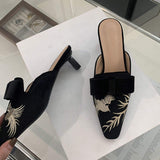 5CM Low Retro Bow Embroidery Slipper Loafer Fashion Female Talons Pour Femmes Kitten Mules Heels