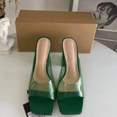 Women's Square-toe Single-strap PVC Transparent High Heel Sandals Crystal Chunky Heel Mule Sandals