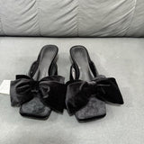 New Style Women's Black Velour Bow-Embellished Square-Toe Open-Toe Low-Heel Stiletto Slide Sandals for Outdoor Wear