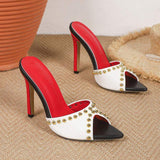 Sexy Pointed Toe High Heel Mules for Women Luxury Gold Studded Slides Elegant Red Insole Stiletto Party Sandals