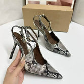 Women's Snake Pattern Color-Matched Open-Back Sandals with Thin High Heels - Trendy One-Strap Slip-On Shoes Ladies