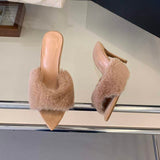 Sexy 9CM Pointed Toe Fur Slppers Mules Stiletto Heels for Women