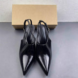 Chic Patent Leather Pointed Toe Slingback Mules for Women Stylish V Cut Mid Heel Sandals Comfortable Formal Wedding Shoes