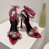 Ankle Lace up Chaussures a Talons Point Toe Luxury Sexy Crystal Gold Strappy Heels for Women