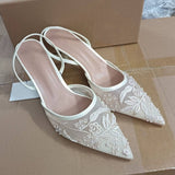 Women's Heeled Sandals for Autumn New Arrivals - White Embroidered Mesh, Slim Heel, Pointed Toe Sexy Ladies Heels