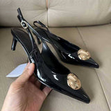 New Arrival Women's Black Patent Leather Pointed-toe MulesHeeled Sandals Oval Buckle Embellished Kitten Heel Backless Sandals