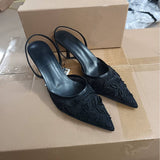 Women's Heeled Sandals for Autumn New Arrivals - White Embroidered Mesh, Slim Heel, Pointed Toe Sexy Ladies Heels