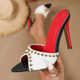 Sexy Pointed Toe High Heel Mules for Women Luxury Gold Studded Slides Elegant Red Insole Stiletto Party Sandals