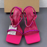 Women's French-style Casual Backless Sandals with Square Toe, Single Strap, Rhinestones and Cup Heels