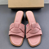 Pink Suede Block Heel Sandals Women Interlocking Cross Strap Mid Chunky Heel Mules Elegant Square Toe Summer Slides