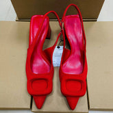 Women's Pointed-toe Block-heel Slip-on High Heels Sandals with Rhinestone Square Buckle and Ankle Strap Mules