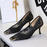 Elegant Shoes Women New Summer Woven Lace Metal Square Toe Sandals Stylish Comfortable Single Shoes Heels