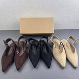 Women Black Faux Suede Flat Mules Pointed Toe V Neck Vamp Adjustable Back Slingback Strap Minimalist Casual Slip on Shoes