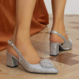 Glitter Pearl Flower Pointed-toe Women's Sexy Block Heel Sandals Silver High-heeled Shoes Pumps