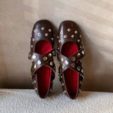 Genuine Sheepskin Leather Mary Jane Flats for Women Studded Round Toe Cross Strap Walking Shoes Punk Style Lady Flat