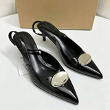 Glossy Patent Leather Heels Women Pointed Toe Slingback Pumps Large Metallic Buckle Elegant Low Kitten Heel Dress Shoes