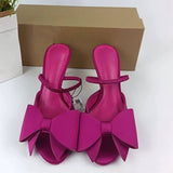 Satin-Feel Bow Embellished Pointed-Toe Mules with Single Strap Quality Elegant Women's Heeled Sandals