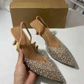 Summer Pointed-Toe Women's Stiletto Heels Sandals Open-Back, Pearl-Detailed, Ankle-Strapped, Toe-Covered Slide Sandals