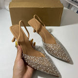 Summer Pointed-Toe Women's Stiletto Heels Sandals Open-Back, Pearl-Detailed, Ankle-Strapped, Toe-Covered Slide Sandals