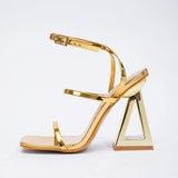 Women Metallic Gold Square Toe Sandals with Hollow Triangle Heel Ankle Strap Open Toe Sexy Ladies High Heel Sandals