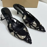 Black Sequined Beaded Pointed-Toe Elegant Black Stiletto Heels with Ankle Strap Women Sexy Heel Sandals