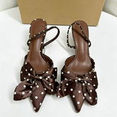 Women Pointed Toe Slingback Heels Elegant Satin Polka Dot Pumps With Oversized Bow Sexy Stiletto Party Shoes Dressy Heels Chic
