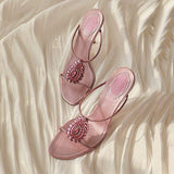 Scarpe Donna Tacco Alto Pink Rhinestone High Heel Mules Elegant Open Toe Slide Sandals Heels for Party & Wedding