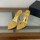 Elegant Nude Peep Toe Mules Clear PVC Strap Sexy Stiletto Heels Summer Office Wear Slippers