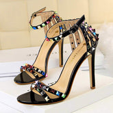Colorful Sandales Chaussure Talon Femme Bling Crystal Reflective Fashion Sexy Metal Stud Rivet Glitter Women Heels for Ladies