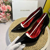 Metal Buckle 8CM/10CM Chaussure Talons Trending Black Patent Leather Pointed Toe Red Insole Slip-On Pumps Heels for Ladies